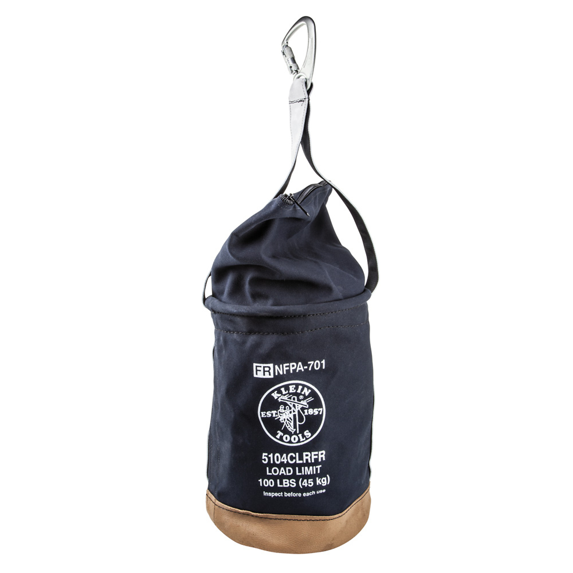Klein Tools, Canvas Bucket, Flame-Resistant, Top Closing, 12in., Color Black, Pockets (qty.) 1 Material Canvas, Model# 5104CLRFR